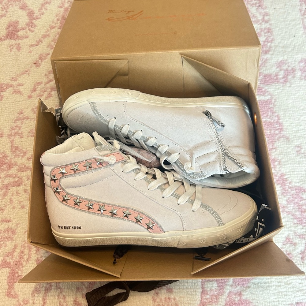 White and Pink High-Top Vintage Havana Sneakers